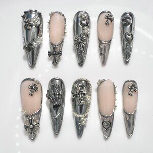 3D Chrome Heart Gothic Press On Nails | Silver 3D Cross Nail Art